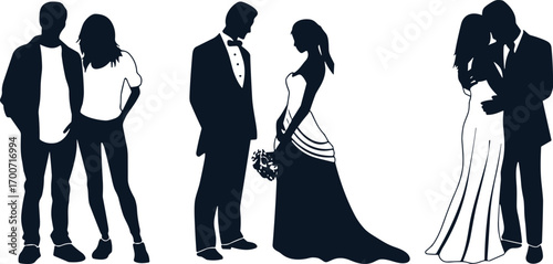 Romantic couple silhouette, wedding couple vector, bride groom artwork, love relationship design, modern people illustration, cad drawing flat vector illustration