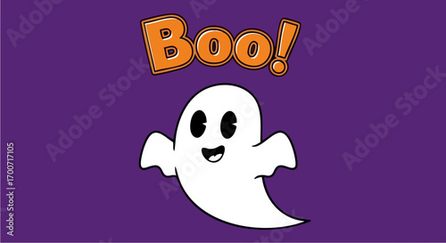 Cartoon ghost illustration on purple background for 2025 event decor. Friendly cartoon ghost with word "Boo" captures playful Halloween atmosphere. Image suits event promotion, particularly in 2025,