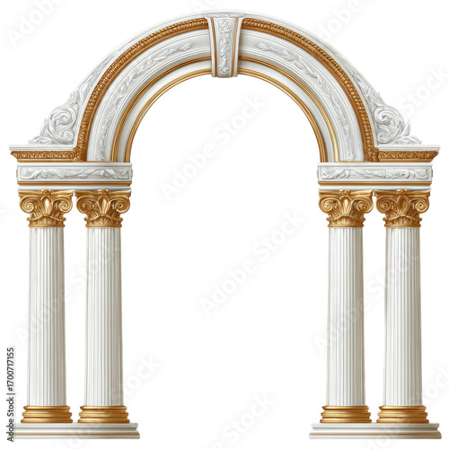 High quality photo of ornate roman archway with columns isolated on transparent background.