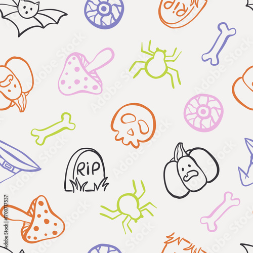 Seamless minimalist line art Halloween pattern. Perfect for textiles, wrapping paper, digital backgrounds, invitations, and seasonal design projects.