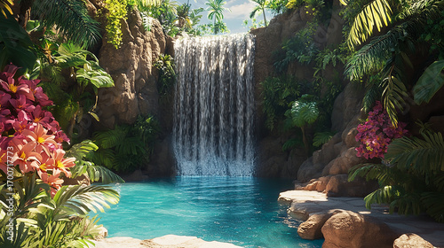 Serene Waterfall Oasis: A mesmerizing waterfall cascades into a crystal-clear turquoise pool, creating a tranquil haven of nature. Lush foliage and vibrant flowers frame the scene.