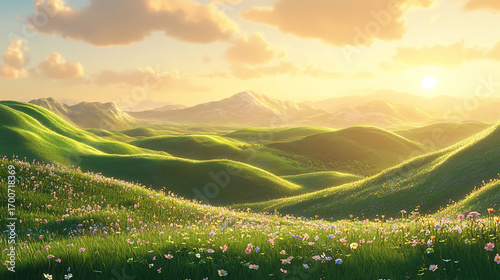 Rolling Hills at Sunset: The rolling hills are bathed in a soft glow, creating a serene vista of natural beauty