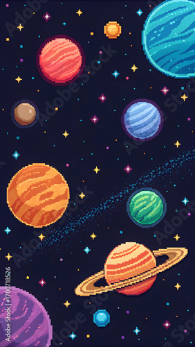 Pixel art planets and stars in deep space galaxy