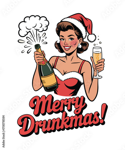 Woman in Santa hat popping champagne bottle and holding glass