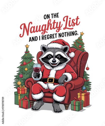 Raccoon in Santa suit holding wine glass with Christmas trees
