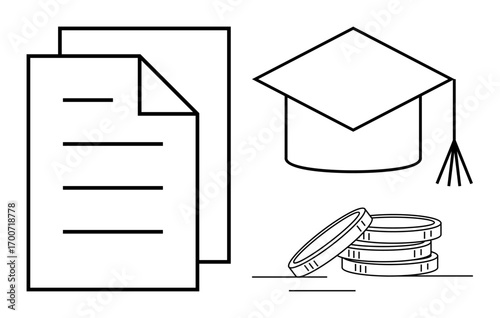 Graduation cap, papers, and coin stack suggest education, finance, learning investment, scholarships, career growth loan planning. Ideal for academics budgeting and study support. Simple flat