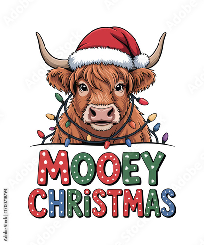 Highland cow wearing Santa hat tangled with Christmas lights