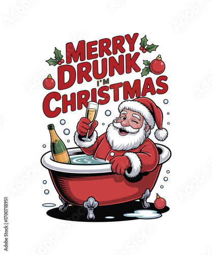 Santa Claus in bathtub with champagne and Christmas decorations