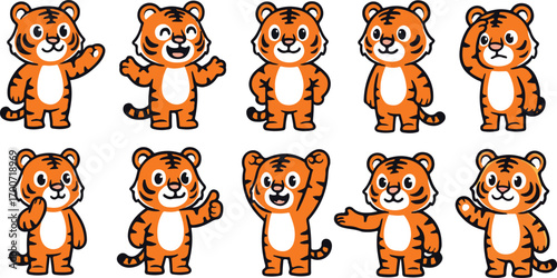 vector illustration of tiger funny cute cartoon mascot character cartoon with 10 poses