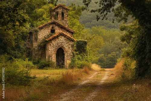 Small, abandoned church is surrounded by trees and grass
