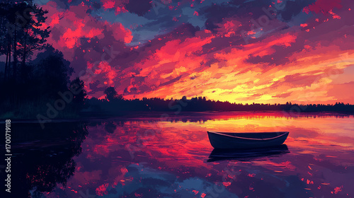 Sunset Lake: A tranquil scene of a serene lake reflects the vibrant colors of a breathtaking sunset, with a lone boat adding a touch of serenity to the scene. 