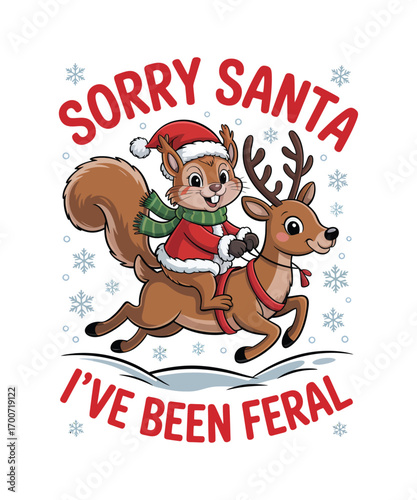 Cute squirrel riding reindeer with Christmas text santa