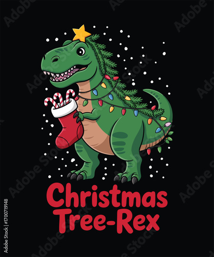 Green cartoon T- Rex dressed as Christmas tree with stocking