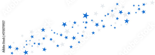 Abstract swirl of sparkling star shapes in blue and white isolated on white background