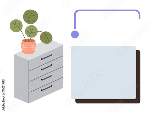 File cabinet with potted plant on top, geometric floating shapes nearby. Ideal for workspace organization, minimalism, productivity, interior design, home office, balance, simple flat metaphor