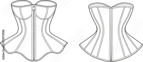 Corset top fashion design, lingerie garment, women clothing pattern, sewing template, stylish bustier illustration, CAD drawing flat vector illustration