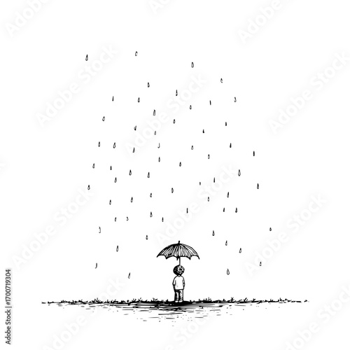 A sketch of a person standing under an umbrella in the rain on a grassy ground with white background art 100
