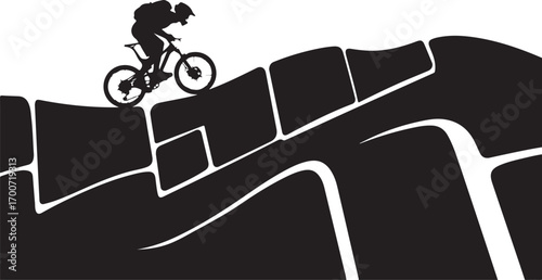 Silhouette of a mountain biker riding on a stylized terrain with abstract shapes Keywords: mountain biker, bicycle, cycling, extreme sports, recreation, silhouette, action, dynamic, terrain