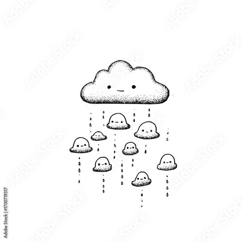 A whimsical illustration of a cloud with a face raining down smaller clouds with faces in black and white