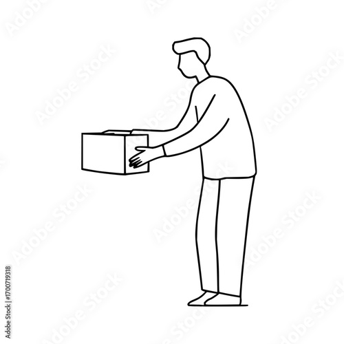 Man in outline style holding a box with both hands wearing long sleeves and pants in black and white art