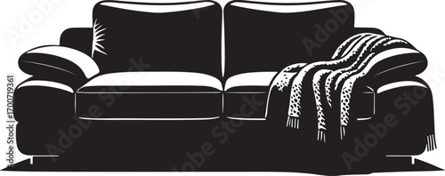 Black and white illustration of a two-seater sofa with a patterned throw blanket Keywords: sofa, couch, furniture, living room, interior, domestic, home, comfort, relaxation, seating, textile