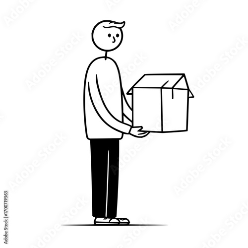 Stick figure carrying a cardboard box with flaps in black and white minimalist style illustration art