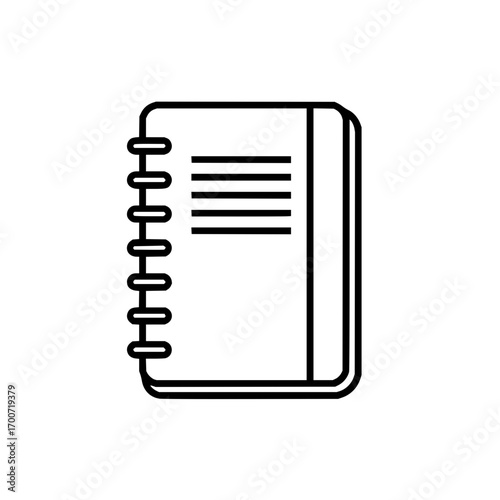 Illustration of a simple black and white notebook with lines and spiral binding on the left side view