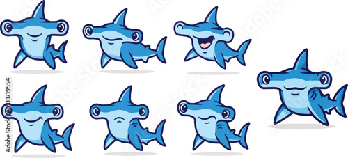 vector illustration of hammer martil shark funny cute cartoon mascot character cartoon with 7 poses