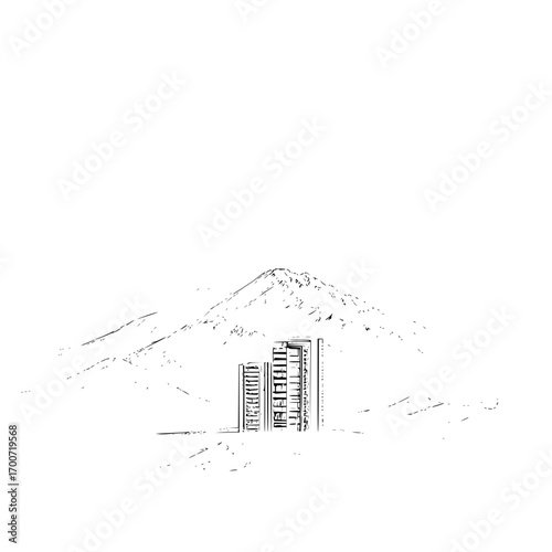 A minimalist sketch of buildings in front of a mountain range on a white background in black and white