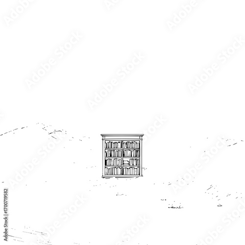 Illustration of a bookshelf filled with books in a minimalist black and white style drawing image here