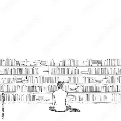 Person sitting cross legged in front of a large bookshelf filled with books in black and white sketch