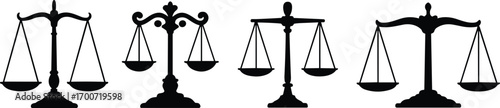 Scales of justice silhouettes, balance scale icons, law and legal symbols, equality concept design, cad drawing flat vector illustration
