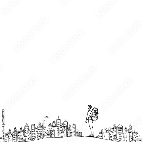 A lone traveler with a backpack stands before a sprawling cityscape rendered in detailed black and white sketch