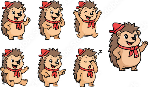 vector illustration of hedgehog funny cute cartoon mascot character cartoon with 7 poses