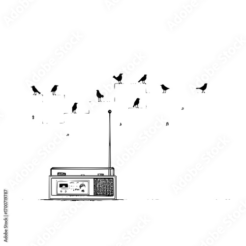 A vintage radio with antenna surrounded by birds perched on abstract steps and floating music notes design