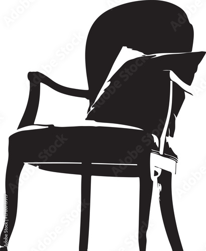 Black silhouette of an armchair with a book resting on its seat and arm Keywords: armchair, chair, furniture, silhouette, black and white, interior, living room, lounge, reading, book, rest