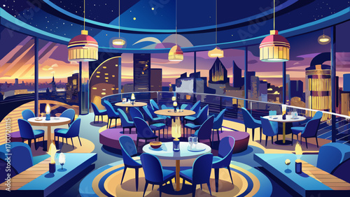 Splendid panoramic 360 view of a luxury rooftop restaurant, showcasing midnight blue chairs, glass railing views of city lights, brass fixtures, and candlelit tables, offering glamour, excitement, and