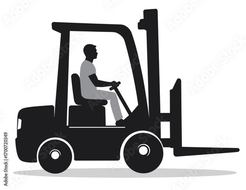 Forklift operator driving forklift on white background