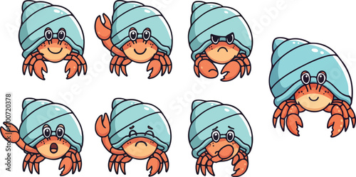 vector illustration of hermit crab funny cute cartoon mascot character cartoon with 7 poses 