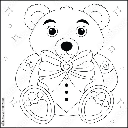 Adorable Line Art Coloring Page of a Teddy Bear with a Bow Tie and Hearts