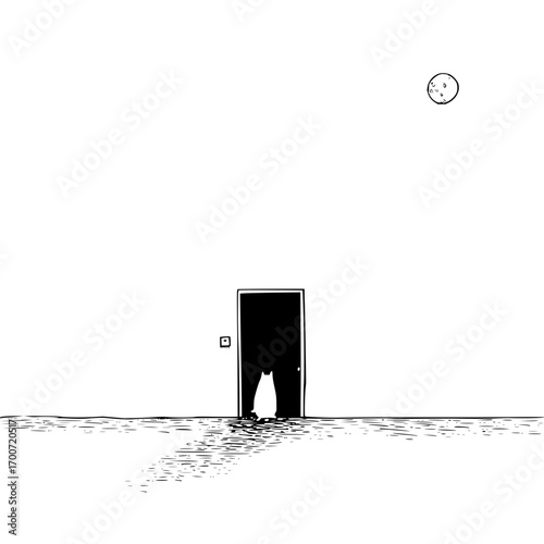 A lone cat standing in a doorway with a moon in the sky in a black and white minimalistic drawing style
