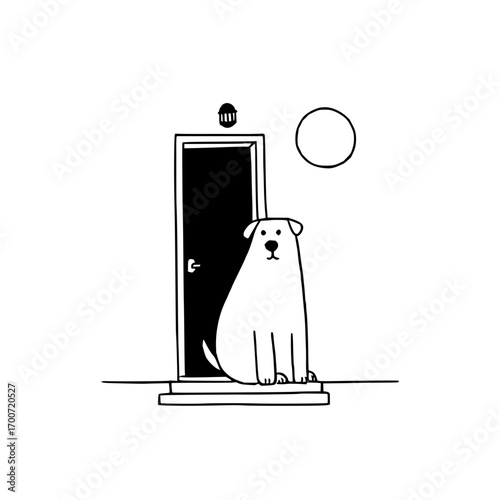 Illustration of a dog sitting patiently by a closed door with a light and a circle above it all alone