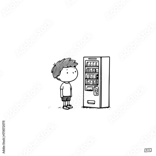 A young boy stands gazing at a vending machine filled with various snacks and drinks in a monochrome drawing