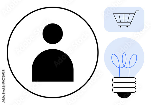 User silhouette in circle, shopping cart, and lightbulb sketch. Ideal for user interface, e-commerce, innovation, technology, creativity brainstorm modern communication. Simple flat metaphor