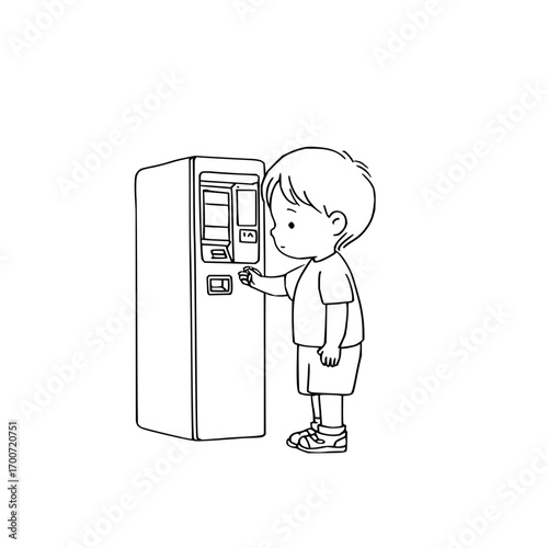 Illustration of a young boy interacting with an atm machine in a simple line drawing style design