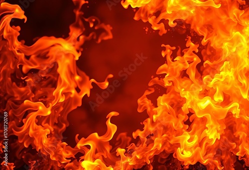 Fiery orange and yellow flames engulfing the frame, intense heat radiating outwards,  dramatic,  texture