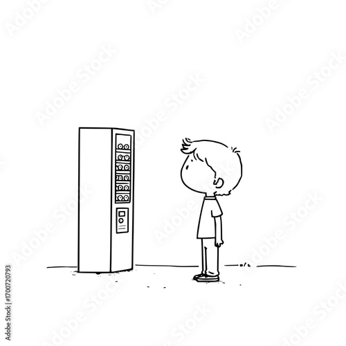 A cartoon boy stands looking at a vending machine filled with round objects on a white background line art