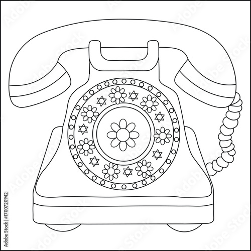 Nostalgic Line Art Coloring Page of a Retro Rotary Phone with Floral Motifs