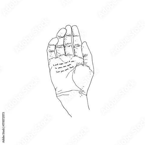 A single hand with text written on the palm in black ink against a stark white background art style