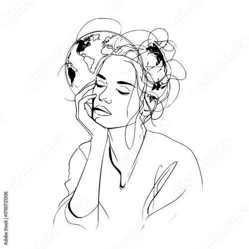 Line art of a woman with closed eyes and a globe above her head in a black and white illustration